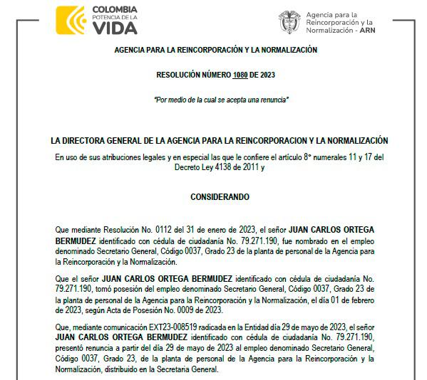 Aceptación de carta de renuncia por parte de la ARN a Juan Carlos Ortega. Cortesía ARN