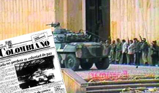 Llegada del Ejército al Palacio de Justicia. Ante la negativa del M-19 de retirarse, las tropas decidieron usar tanquetas para ingresar al lugar. FOTO COLPRENSA