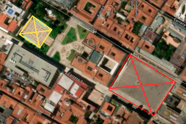 En rojo, la Plaza de Bolívar. En amarillo la Plaza de Armas de la Casa de Nariño. /FOTO: GOOGLE MAPS
