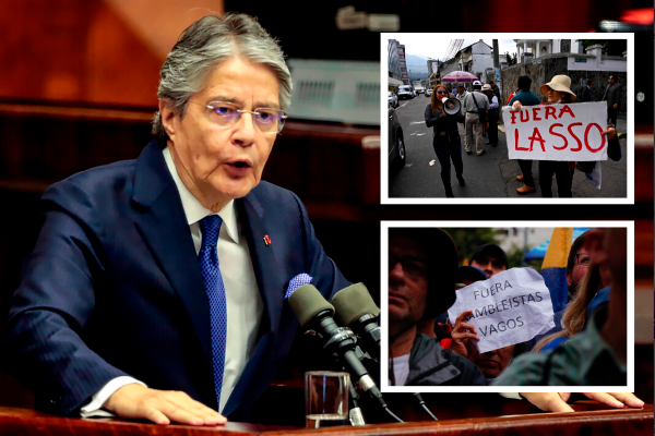 Previo a su anuncio, Lasso acudió al Congreso y se defendió de los cargos por supuesta corrupción. Ayer, tras sus declaraciones, hubo manifestaciones a favor y en contra del gobierno de derecha. FOTOS GETTY y AFP 