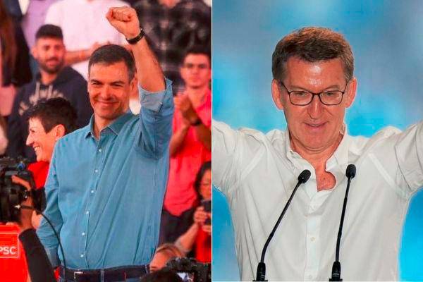 El president del Gobierno español, Pedro Sánchez, y el líder del Partido Popular Alberto Núñez. FOTOS: Tomadas de Twitter @sanchezcastejon y @NunezFeijoo