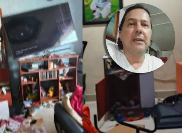 Adelante, el religioso víctima de la agresión dentro de su casa. Atrás, los destrozos que dejaron sus atacantes dentro de la vivienda. FOTOS. Cortesía.