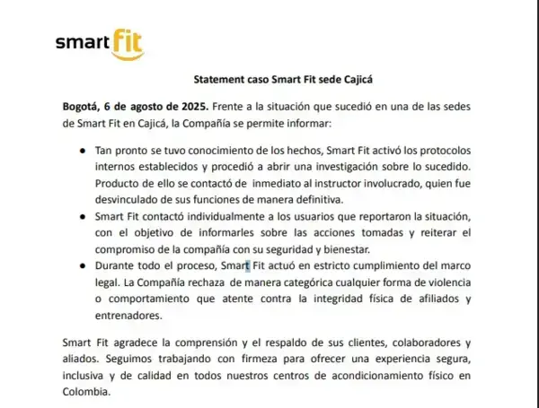 Comunicado de Smartfit.