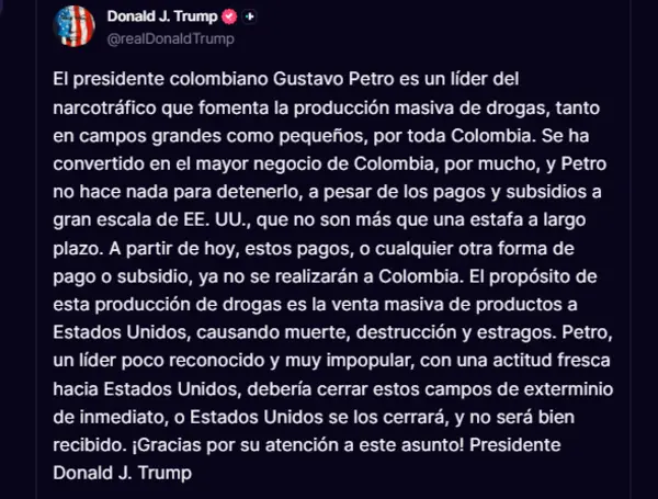 Atención: Trump acusa a Petro de liderar y promover el narcotráfico y anuncia el fin de la ayuda económica para Colombia 