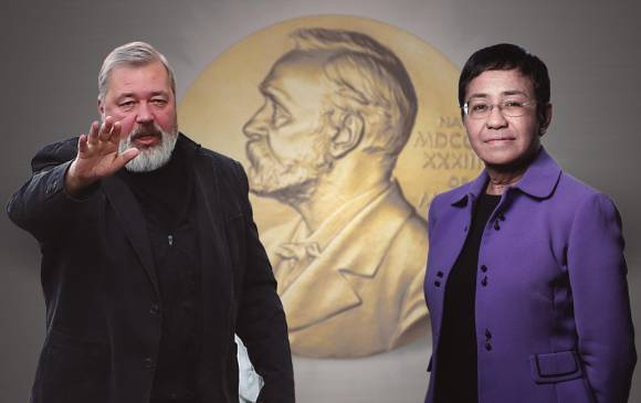 María Ressa (der.) es al cofundadora del portal Rappler, desde el cual ha denunciado las agresiones del gobierno filipino; Dmitri fundó Novaja Gazeta, y ha denunciado las irregularidades del gobierno ruso, lo que les ha traído censuras y amenazas. FOTOS AFP