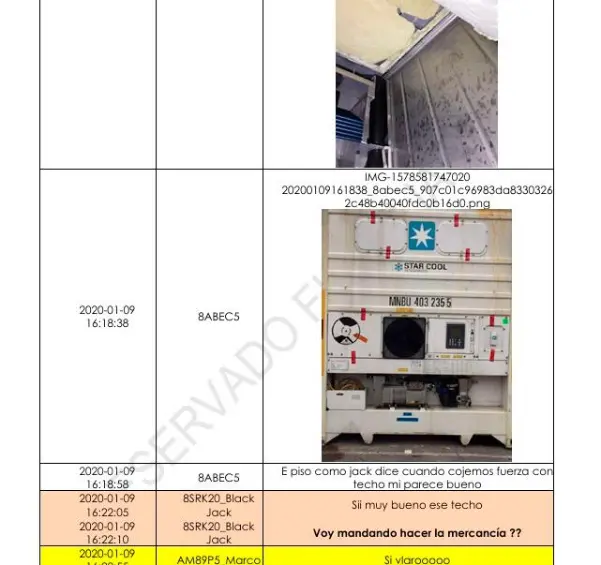 Chat que muestra un contenedor contaminado con cocaína.
