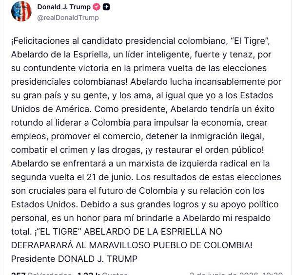 “Es un honor brindarle mi respaldo total”: Donald Trump felicitó a Abelardo de la Espriella tras imponerse en la primera vuelta