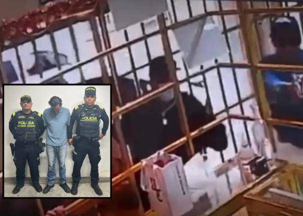 Adelante, el hoy condenado tras su detención por la Policía. Atrás, el momento del hurto. FOTO: Cortesía