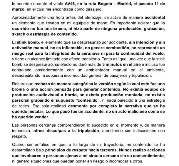 Yeferson Cossio se defendió por episodio con gas químico en avión de Avianca: “No fue una broma”