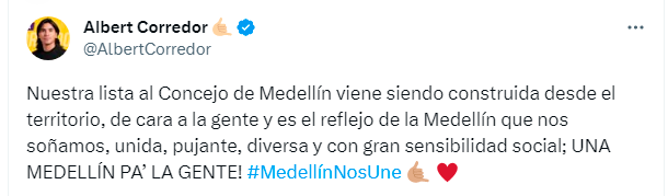 Corredor publicó esto en su cuenta de Twitter sobre la conformación de su lista. 