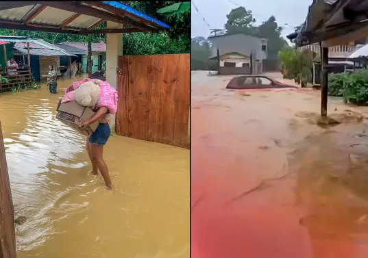 En el municipio de San Juan de Urabá las calles están totalmente inundadas. La Alcaldía declaró Urgencia Manifiesta y Calamidad Pública y se pidió la evacuación inmediata a las familias que viven aledaño al río San Juan de Urabá. FOTO: Captura de video