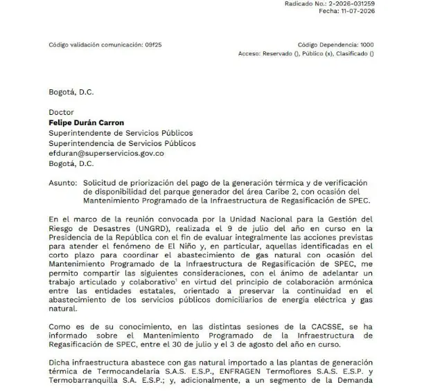Edwin Palma, ministro de Minas y Energía, le envió una carta a la Superintendencia de Servicios Públicos en la que la instó a priorizar, dentro de la intervención a Air-e, el pago de las obligaciones a las generadoras térmicas para garantizar el abastecimiento de energía eléctrica durante el mantenimiento de Spec entre el 30 de julio y el 3 de agosto.