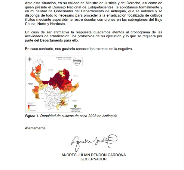 Gobernación de Antioquia le pidió al MinJusticia que inicie cuanto antes fumigaciones de cultivos de coca con drones