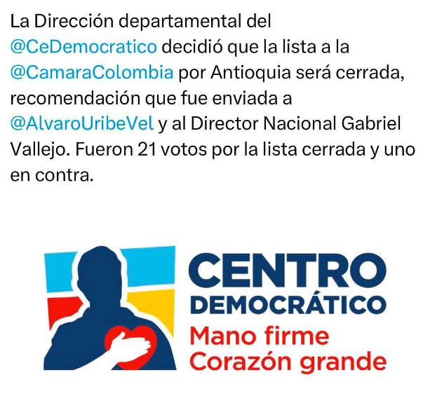 Así se mueve la propuesta del CD a Uribe de ir con lista cerrada a la Cámara por Antioquia en 2026