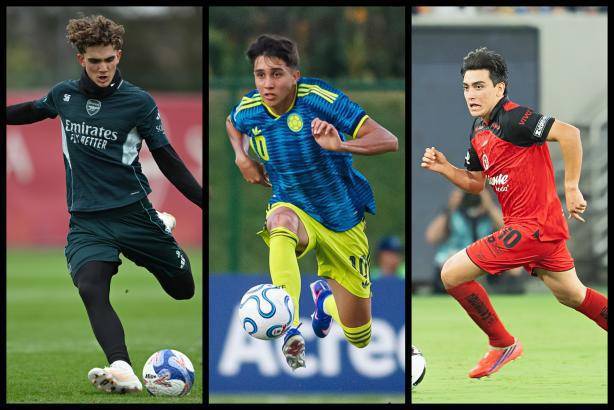 Max Dowman (izquierda), Samuel Martínez (centro) y Gilberto Mora (derecha) son 3 de los volantes creativos más prometedores del fútbol mundial. FOTO <b>GETTY </b>