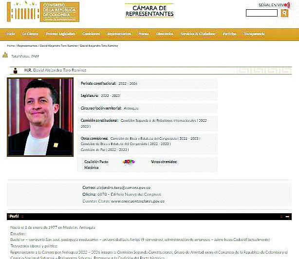 Perfil del congresista en la página oficial de la Cámara. Captura del viernes 14 de abril.