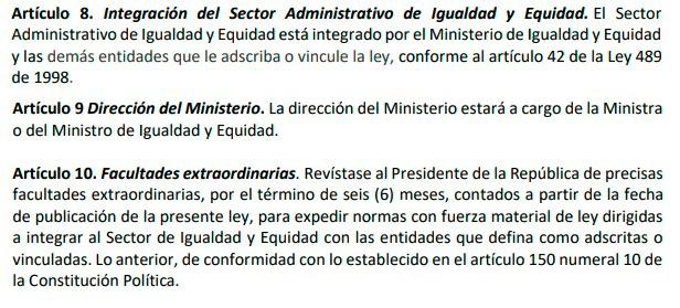 Este es el articulado que crea el Ministerio de la Igualdad y la Equidad que liderará Francia Márquez. 