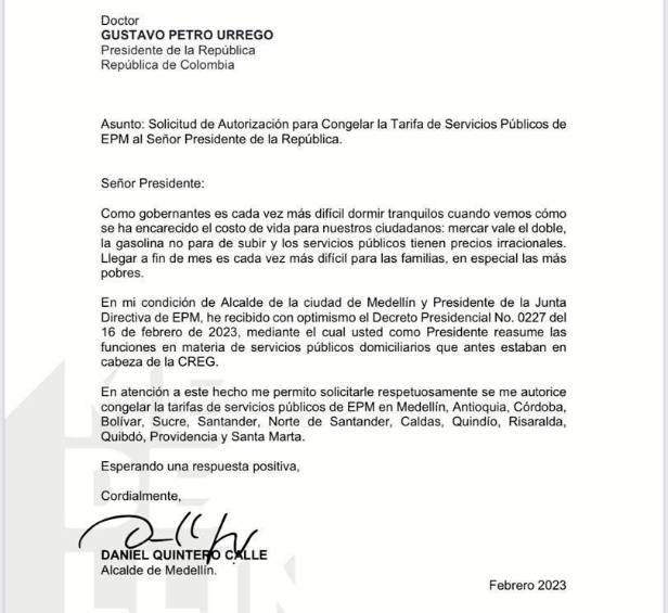 La carta de Quintero pidiendo congelar las tarifas de EPM.