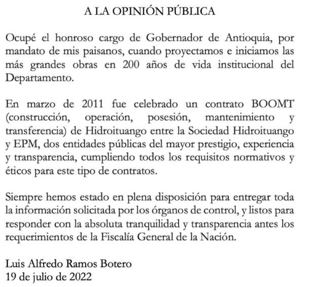 Luis Alfredo Ramos y Federico Restrepo responden a señalamientos de la Fiscalía por Hidroituango