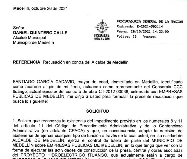 La recusación hace un recuento de las veces que el alcalde ha hecho acusaciones a priori contra los contratistas.