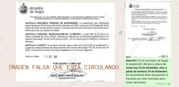 ¡Ojo! Alcaldía de Itagüí desmintió cadena de Whatsapp sobre pico y placa en diciembre