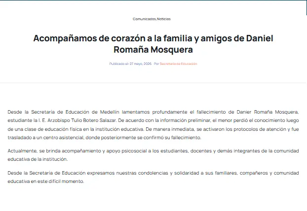 Estudiante de 14 años murió tras desmayarse en clase de educación física en Medellín