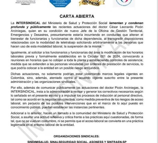 Carta de los sindicatos denunciando a ficha de Mauricio Jaramillo.