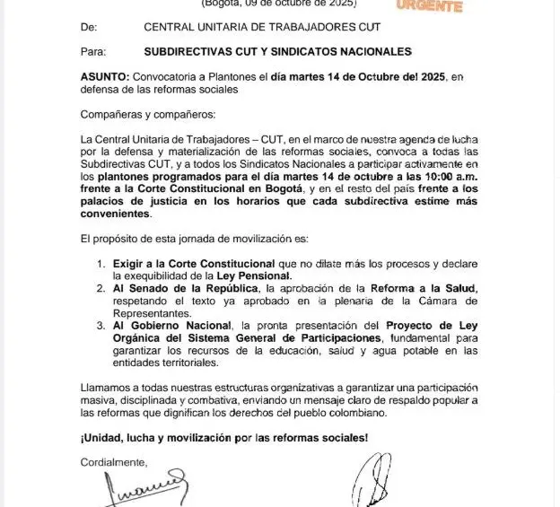 Sindicatos y centrales obreras convocaron a manifestaciones hoy martes 14 de octubre en respaldo a la reforma pensional.