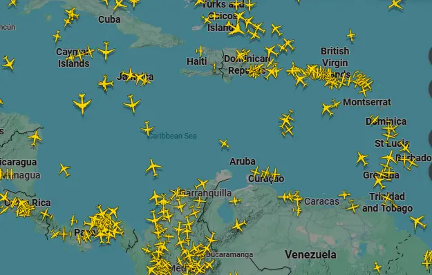 Espacio aéreo al rededor del Mar Caribe en comparación con Venezuela. FOTO: Flight Radar. 