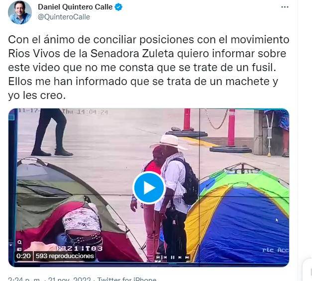 El alcalde Daniel Quintero se retractó en su cuenta de Twitter de sus señalamientos contra Ríos Vivos. FOTO: CAPTURA TOMADA DE TWITTER