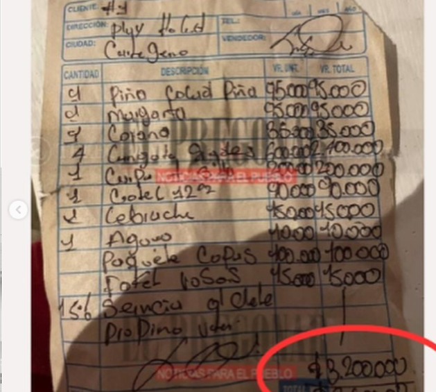 Factura por consumo de alimentos en Cartagena. Foto: tomada de Entérate Cartagena