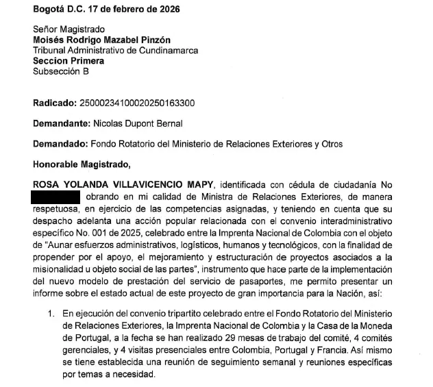 Uno de los documentos obtenidos por EL COLOMBIANO en la demanda que busca la nulidad de los convenios entre Colombia y Portugal para los nuevos pasaportes.