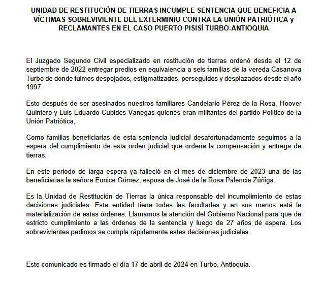 Comunicado de los campesinos. FOTO: Cortesía
