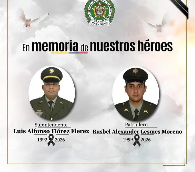 En el ataque fallecieron el subintendente Luis Alfonso Flórez Flórez y el patrullero Rusbel Lesmes Moreno. Foto: Policía Nacional. 