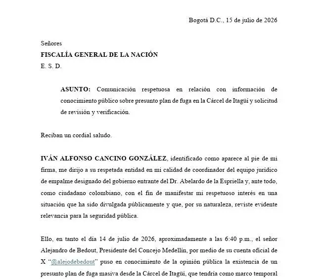 Esta es la carta que envió Cancino para que se investiguen las denuncias del concejal de Bedout. FOTO: CORTESÍA
