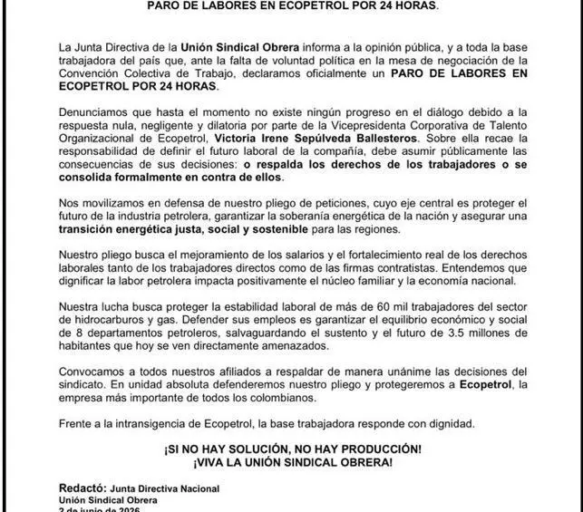 Ecopetrol activa plan de contingencia nacional ante paro de 24 horas de la USO