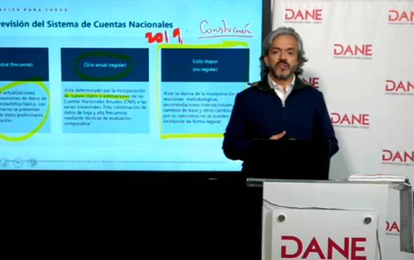 El director del Dane, Juan Daniel Oviedo, divulgó en rueda de prensa los resultados del PIB de 2021. FOTO tomada de YouTube