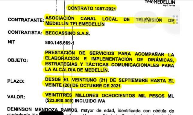 Esta es la imagen del contrato que firmó Telemedellín con el asesor Angel Becassino, publicado en El Expediente.