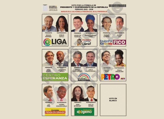En el tarjetón electoral los colombianos encontrarán nueve casillas, ocho para los candidatos y una para el voto en blanco. FOTO: CORTESÍA REGISTRADURÍA. 