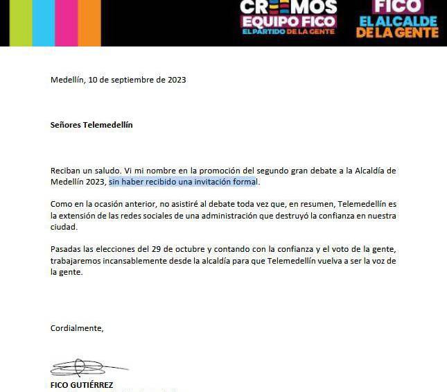 Carta enviada por Federico Gutiérrez a Telemedellín.