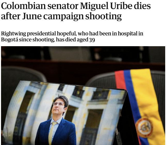 Titular de The Guardian: “Senador colombiano Miguel Uribe muere después de que dispararan en campaña presidencial en junio”. FOTO: CAPTURA DE PANTALLA