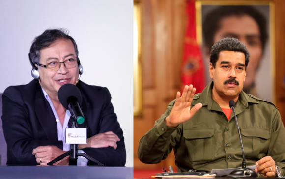 Gustavo Petro, precandidato presidencial, y Nicolás Maduro, presidente de Venezuela. FOTOS: COLPRENSA y CORTESÍA.