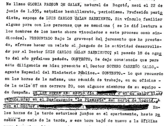 Así comienza el relato de Gloria Pachón, esposa de Galán, en entrevista judicial que hace parte del proceso del crimen del líder del Nuevo Liberalismo. 