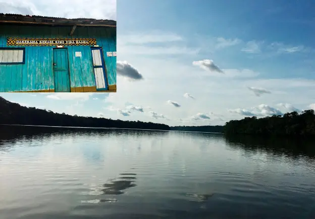 Raudal de Jirijirimo en el río Apaporis, uno de los lugares más sagrados para los Tucano. En la fachada de una escuela se lee en barasano: “Los niños hacen todo bien”. Fotos: Andrea Mejía.