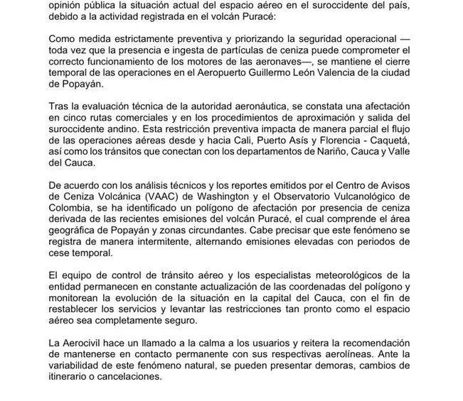 Aerocivil mantiene cerrado el aeropuerto de Popayán por ceniza del volcán Puracé