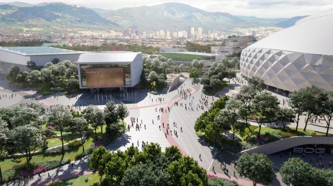 La remodelación de El Campín también incluye la transformación de sus alrededores con zonas verdes, un auditorio para la Orquesta Filarmónica, un centro comercial, entre otros. FOTO: Rénder de obra tomado de El Tiempo