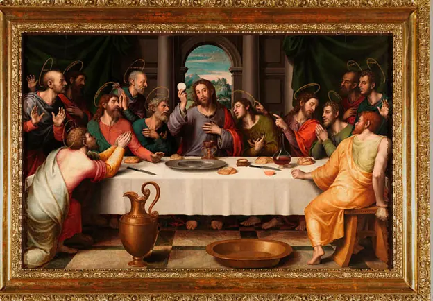 Última cena, obra de Juan de Juanes. Siglo XV. En ella aparece el cáliz de Valencia. Colección de Museo del Prado.