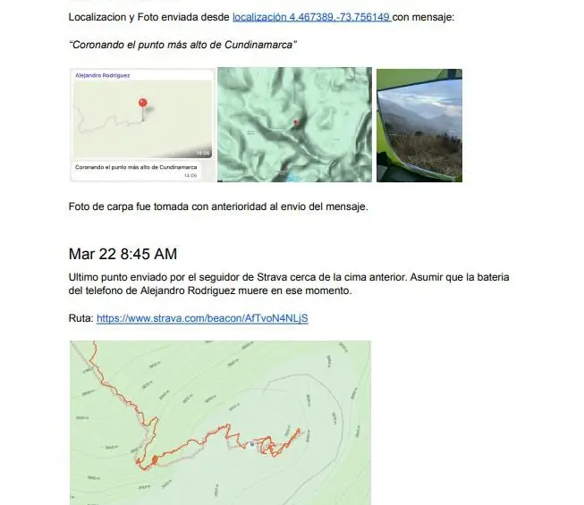 Estos son pantallazos de los últimos recorridos de estos dos hombres, mayores de 50 años, que están desaparecidos en el Parque Nacional de Chingaza. FOTO: CORTESÍA