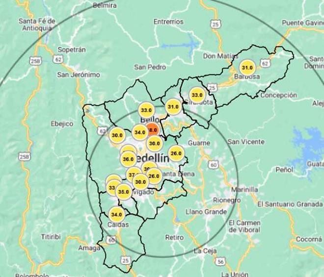 Así lucen las estaciones de medición de la calidad del aire en Medellín y el Aburrá este sábado, según los datos del Siata. FOTO Captura de pantalla