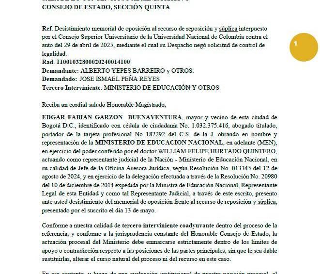 Documento del desistimiento del Ministerio de Educación hecho el 15 de mayo.